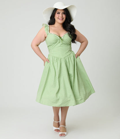 Unique Vintage Plus Size Green Gingham Sweetheart Flutter Sleeve Swing Dress