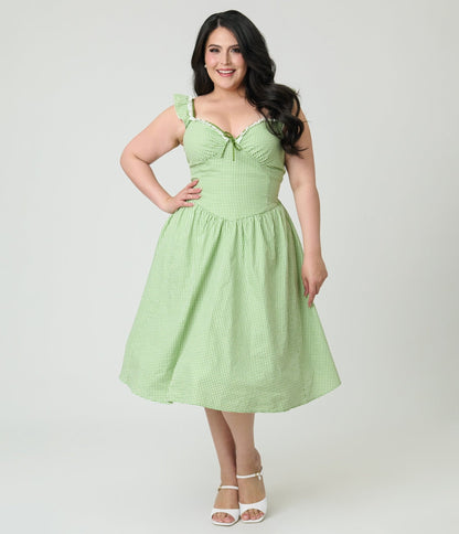 Unique Vintage Plus Size Green Gingham Sweetheart Flutter Sleeve Swing Dress