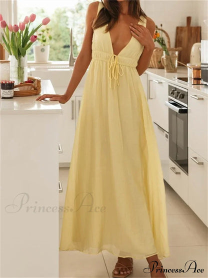 Retro Women Evening Party Solid Color Sleeveless Deep V-Neck Front Tie-up Formal Female Vestido