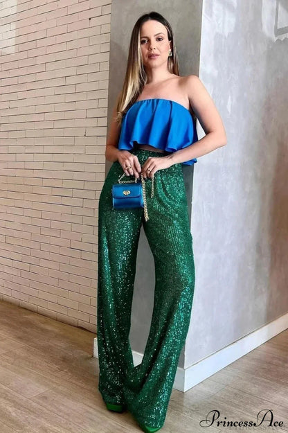 Sequin Slim-Fit Straight Casual Pants