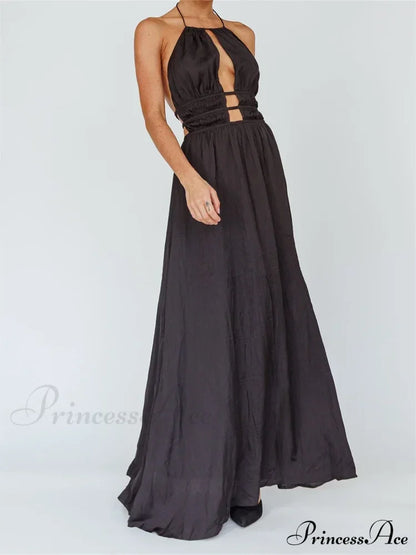 Sexy Women Halter Tie-up Sleeveless Backless Solid Color Cocktail Formal Party Ruched Vestidos