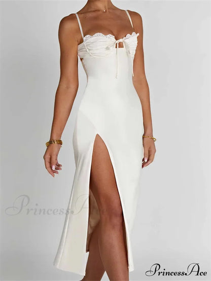 Sexy Women Ruched Lace Low Cut Sleeveless Spaghetti Strap High Split Evening Front Tie-up Vestidos