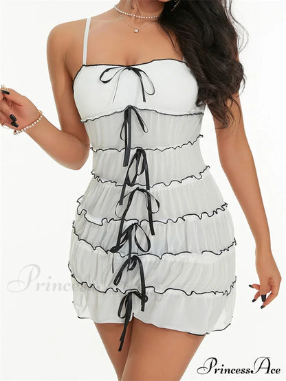 Sexy Women Sleeveless Casual Sling Spaghetti Strap See Through Tie-up Sexy Y2K Party Vestidos