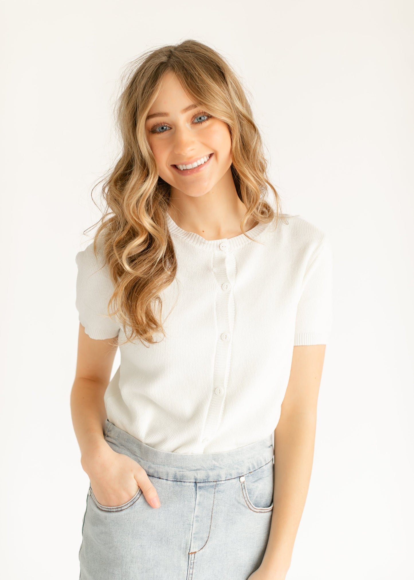elan Short Sleeve Button Up Knit Cardigan - FINAL SALE