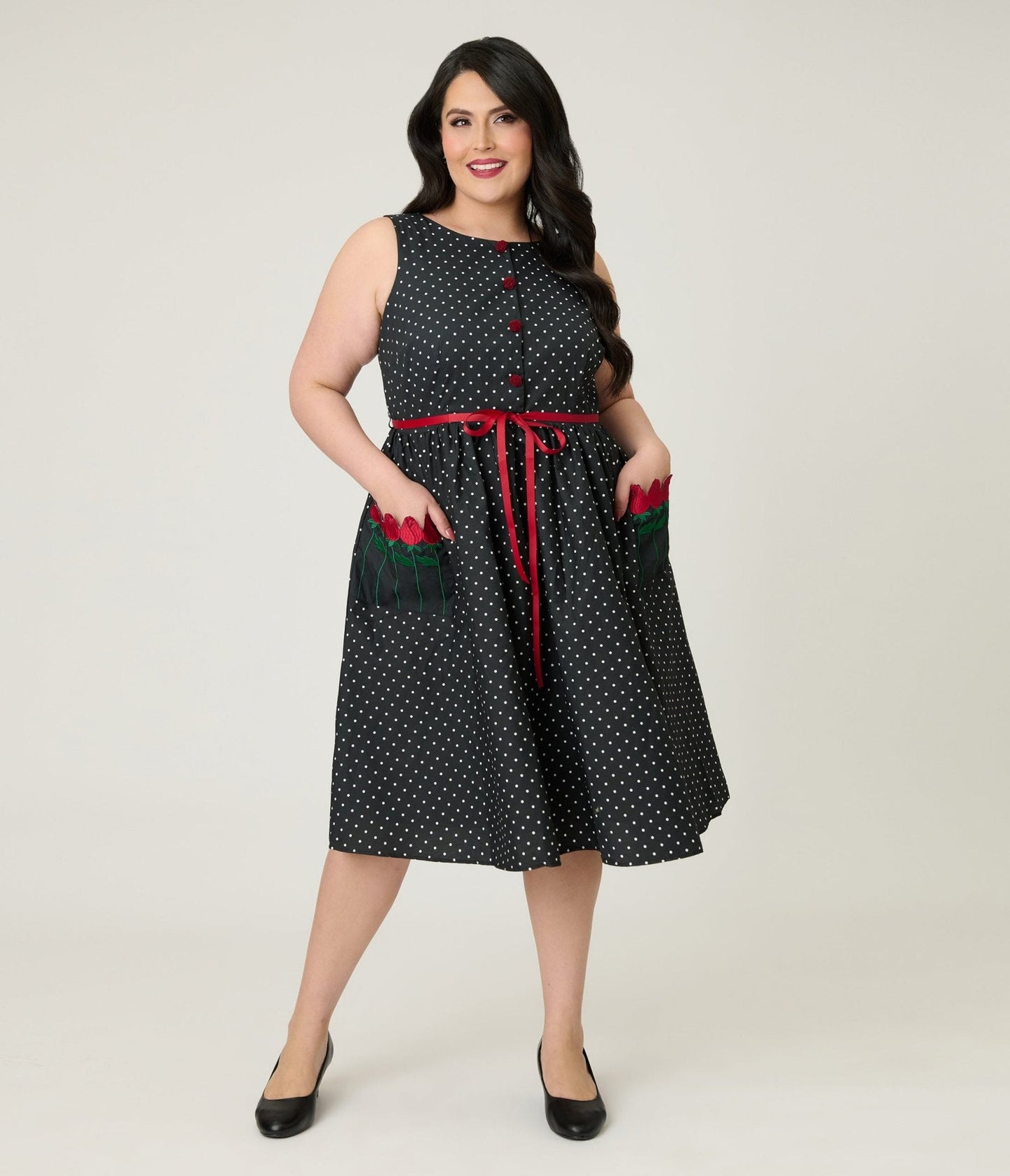 Smak Parlour Plus Size Black Pin Dot Rose Sleeveless Swing Dress