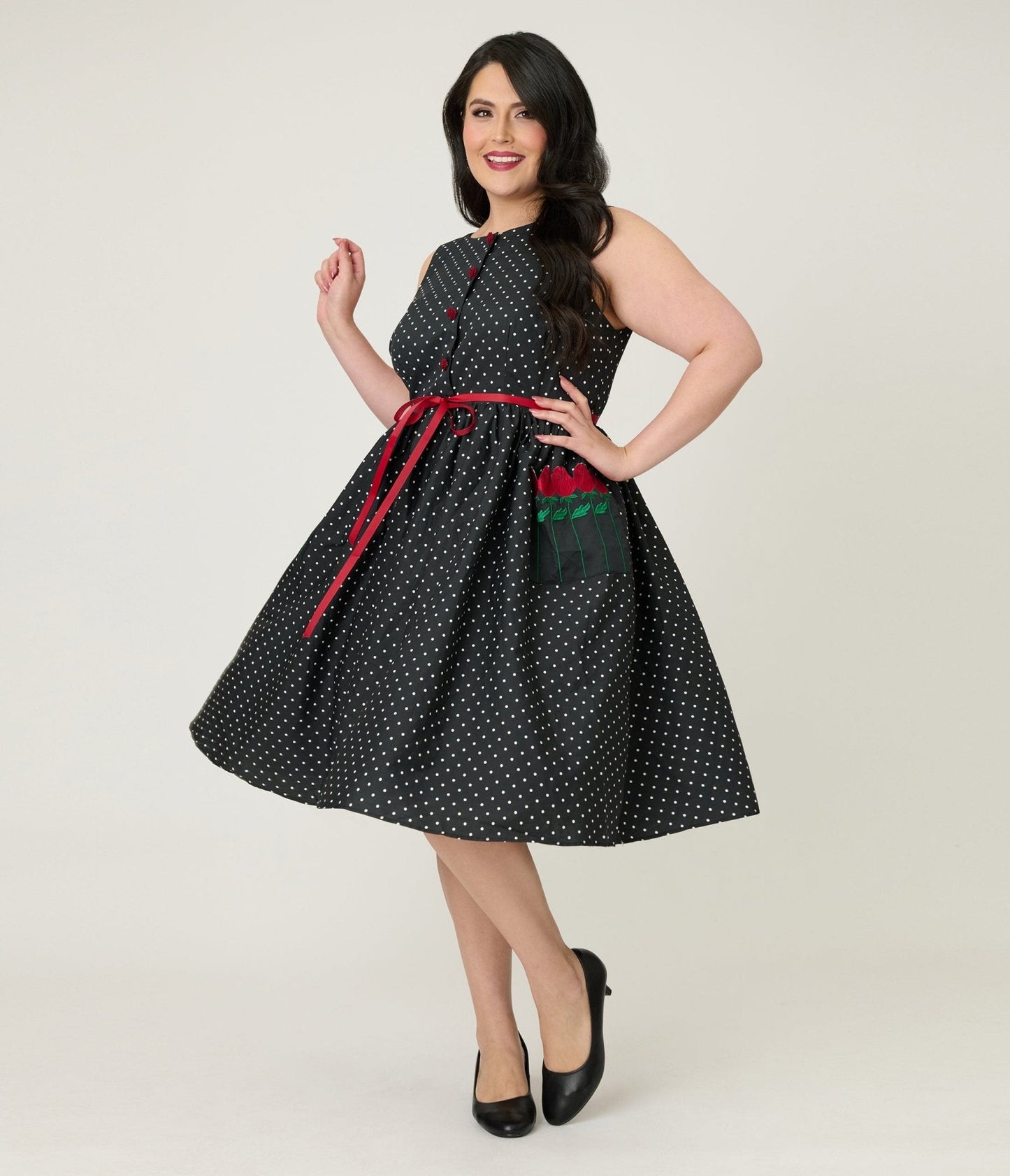 Smak Parlour Plus Size Black Pin Dot Rose Sleeveless Swing Dress