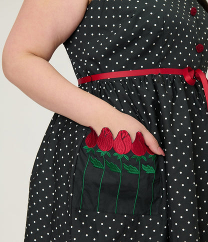 Smak Parlour Plus Size Black Pin Dot Rose Sleeveless Swing Dress