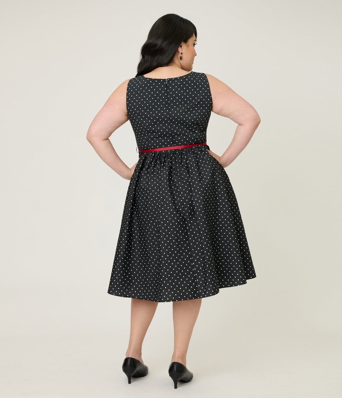 Smak Parlour Plus Size Black Pin Dot Rose Sleeveless Swing Dress