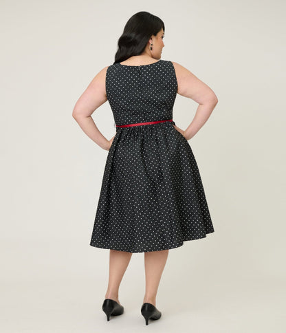 Smak Parlour Plus Size Black Pin Dot Rose Sleeveless Swing Dress