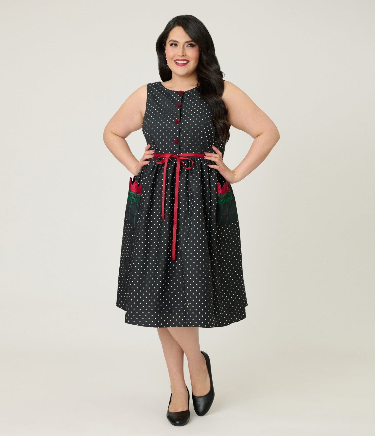 Smak Parlour Plus Size Black Pin Dot Rose Sleeveless Swing Dress