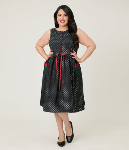 Smak Parlour Plus Size Black Pin Dot Rose Sleeveless Swing Dress