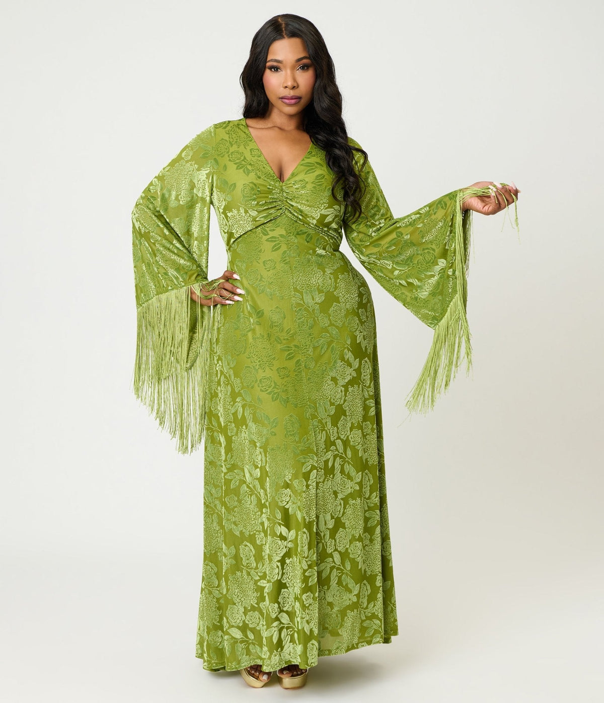 Smak Parlour Plus Size Chartreuse Velvet Burnout Fringe Sleeve Stevie Maxi Dress
