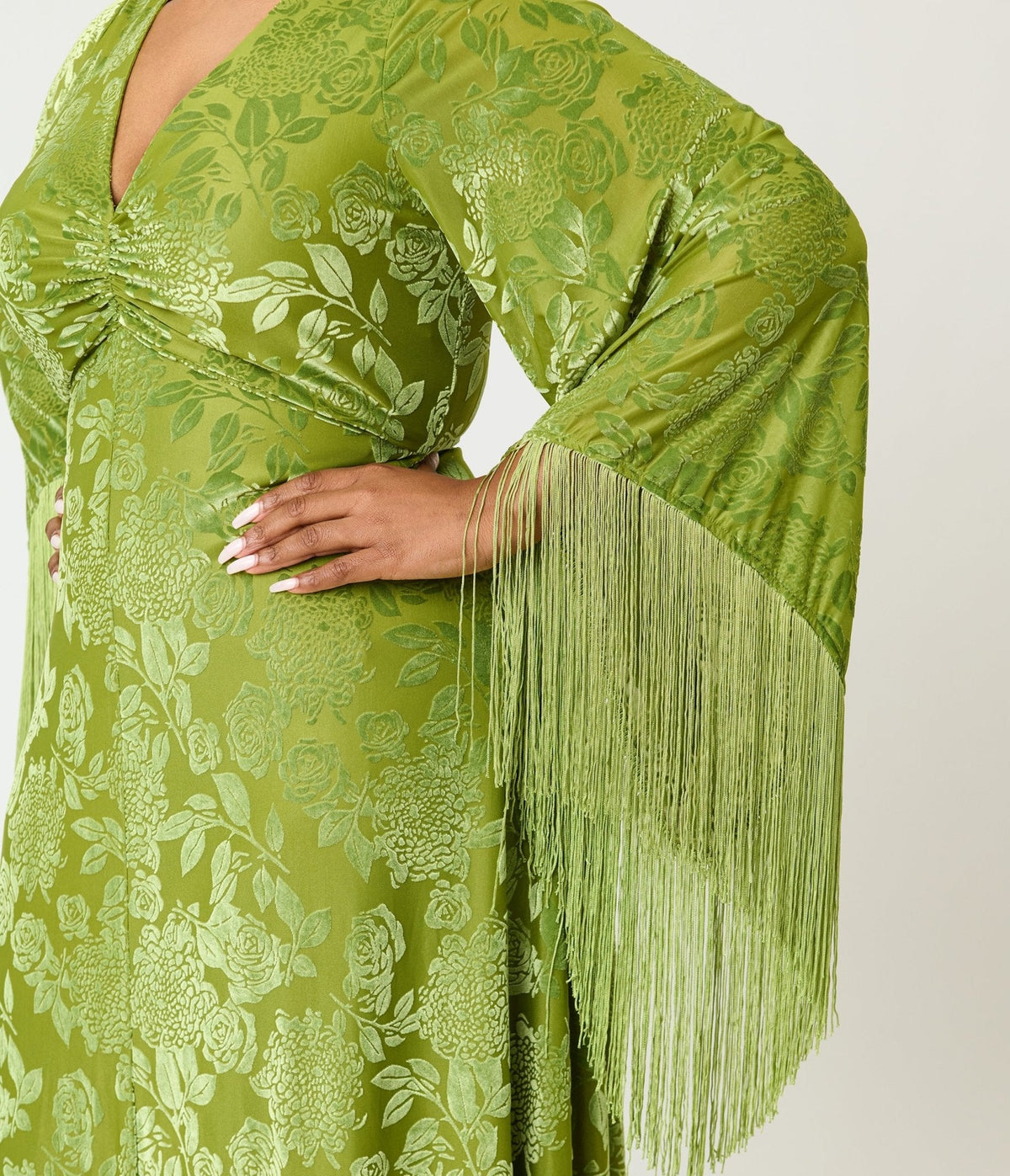 Smak Parlour Plus Size Chartreuse Velvet Burnout Fringe Sleeve Stevie Maxi Dress