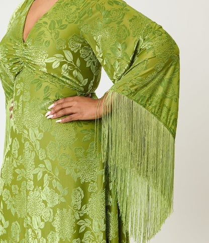 Smak Parlour Plus Size Chartreuse Velvet Burnout Fringe Sleeve Stevie Maxi Dress