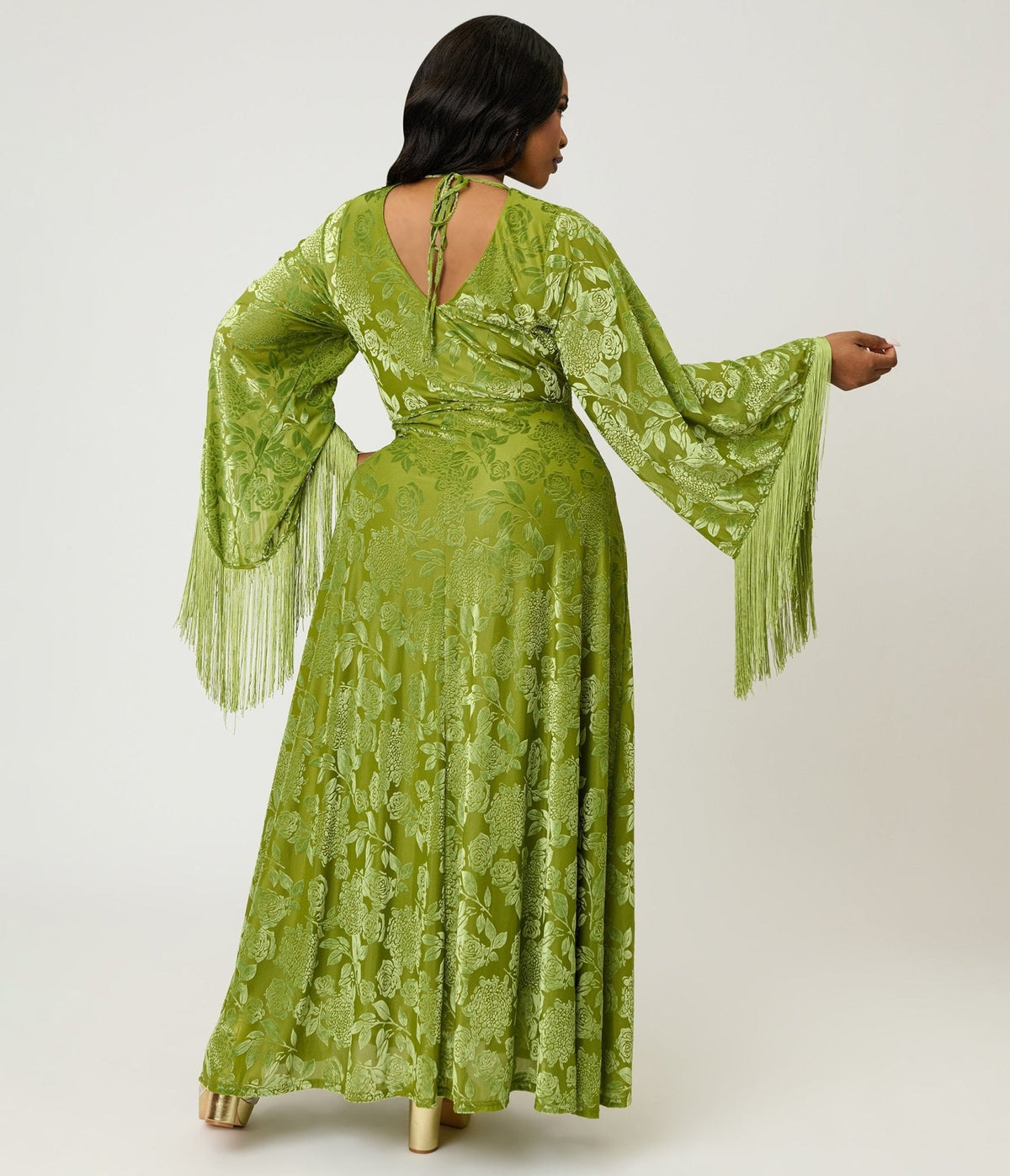 Smak Parlour Plus Size Chartreuse Velvet Burnout Fringe Sleeve Stevie Maxi Dress