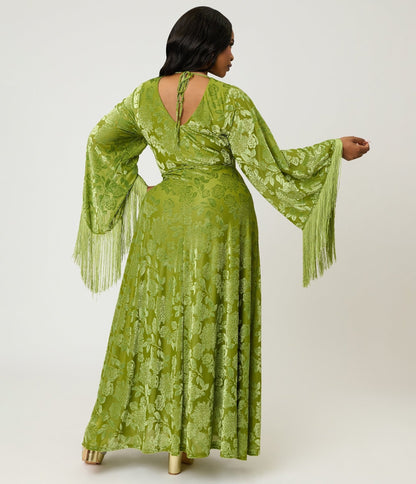 Smak Parlour Plus Size Chartreuse Velvet Burnout Fringe Sleeve Stevie Maxi Dress