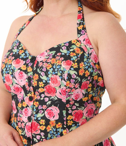 Smak Parlour Plus Size Painted Roses Sweetheart Halter Flare Dress