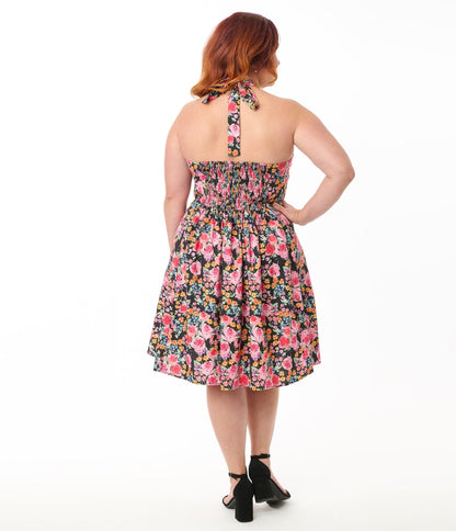 Smak Parlour Plus Size Painted Roses Sweetheart Halter Flare Dress