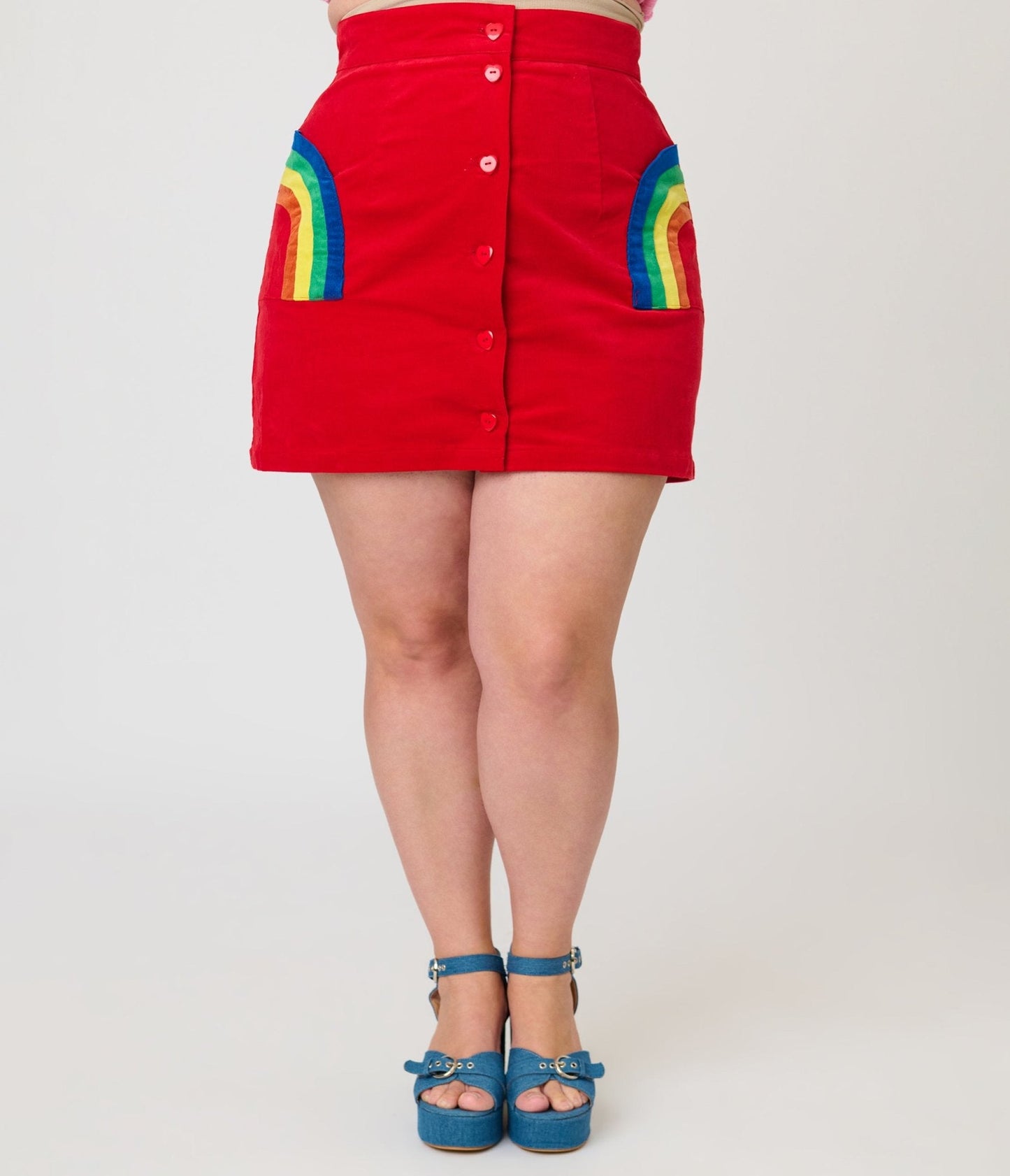 Smak Parlour Plus Size Red Corduroy & Rainbow Pockets Mini Skirt