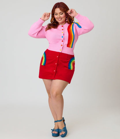 Smak Parlour Plus Size Red Corduroy & Rainbow Pockets Mini Skirt