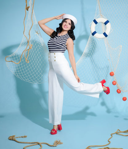 Smak Parlour White & Gold Button Wide Leg Sailor Pants