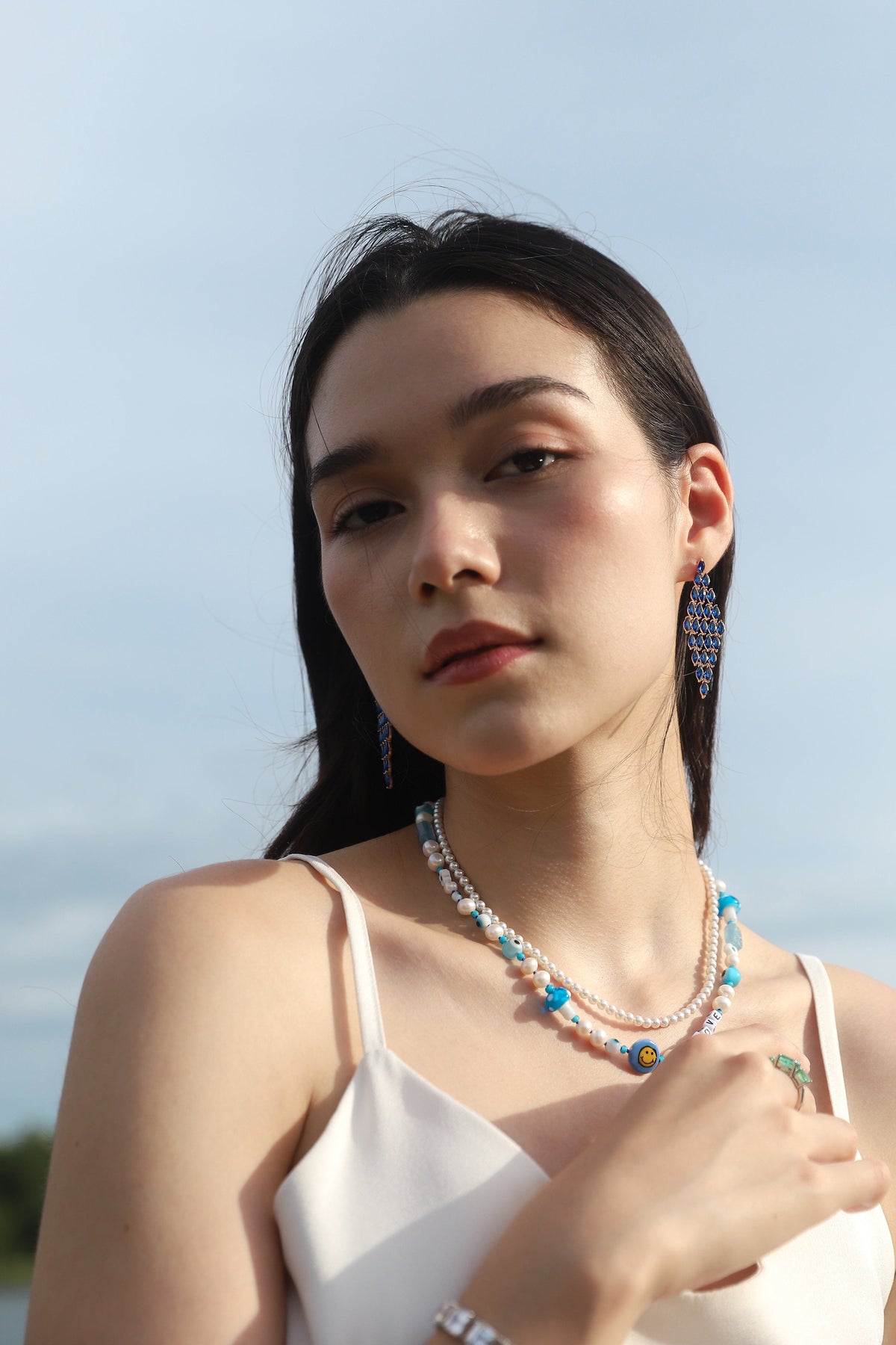 Blue Cascading Marquis Chandelier Earrings