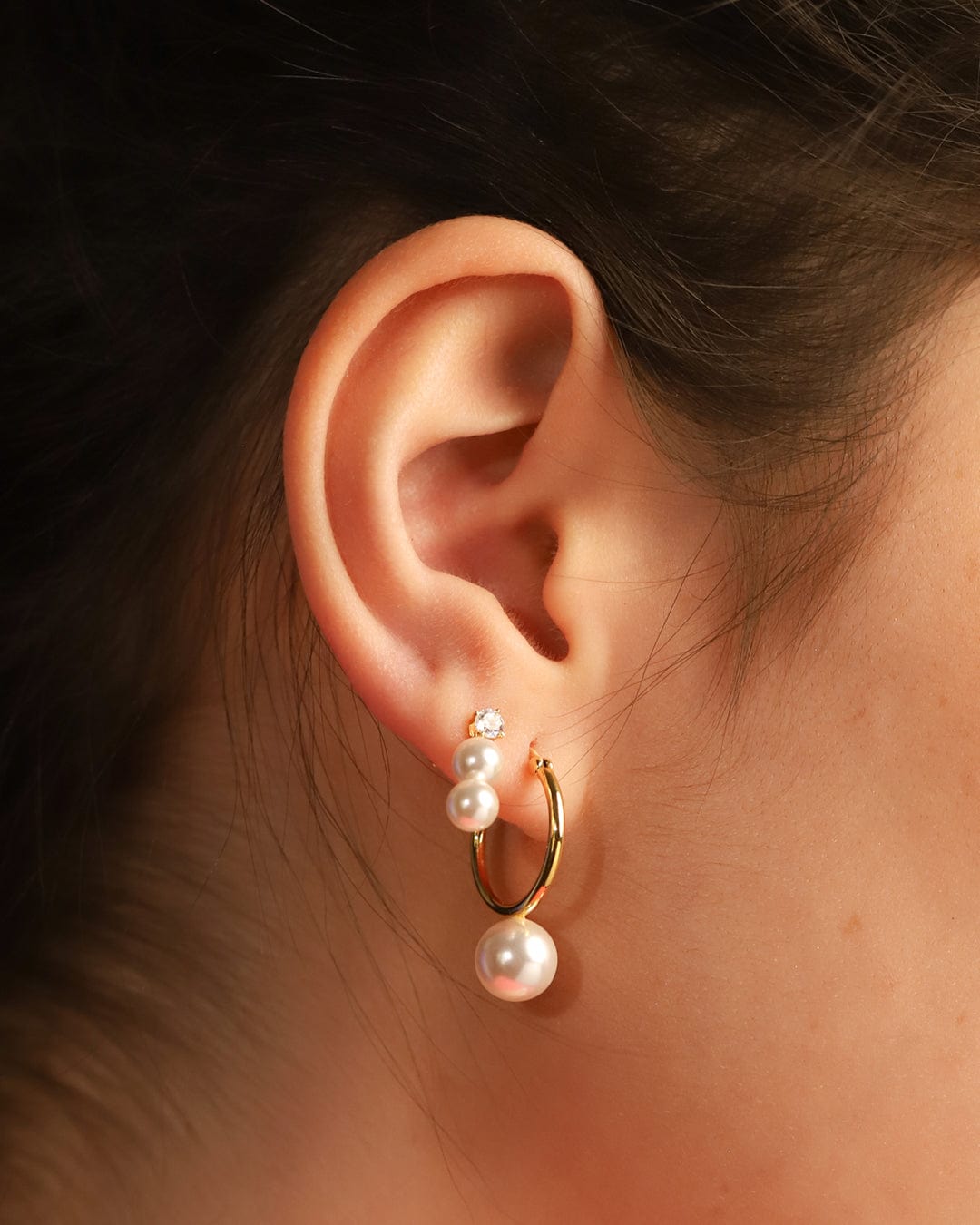 CZ and Double Pearl Drop Earrings