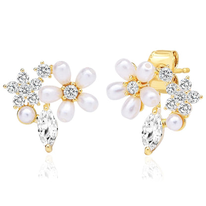 Floral Pearl and CZ Stud Earrings