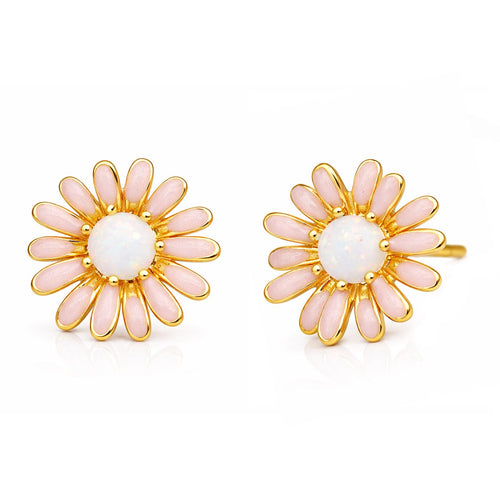 Flower post earring with opal center and enamel detailing