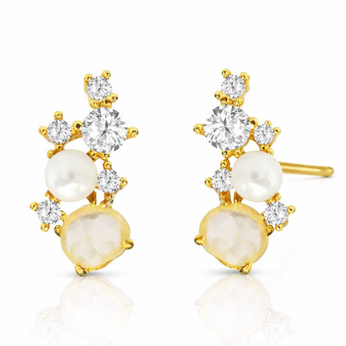 Freshwater Pearl Cz Crystal Cluster Stud