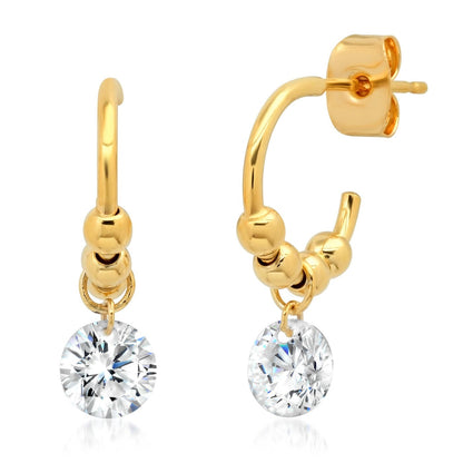 Huggie With Multiple Gold Balls And Solitaire Floating Cz Charms