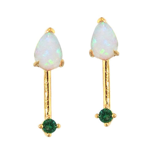 Opal Stone Stick Earrings With Emerald Stone Accents