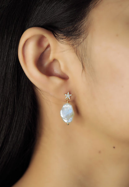 Pave CZ Star And Baroque Pearl Earrings