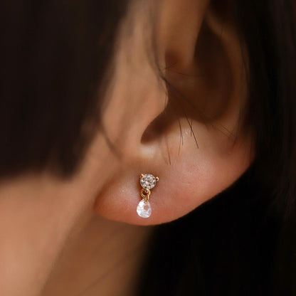 Round CZ Stud with Floating Pear CZ Drop