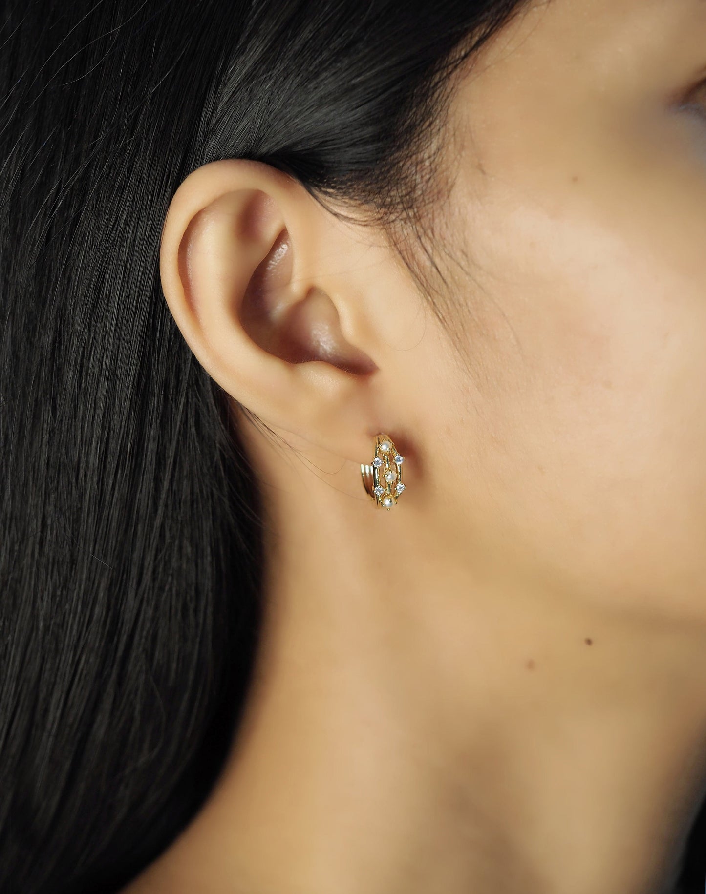 Small Triple Row Gold Hoop With Pearl And Cz Accents