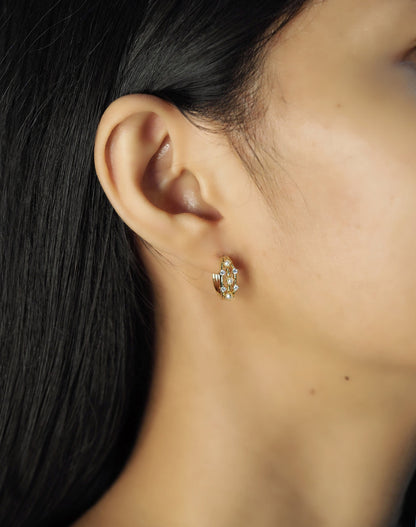 Small Triple Row Gold Hoop With Pearl And Cz Accents
