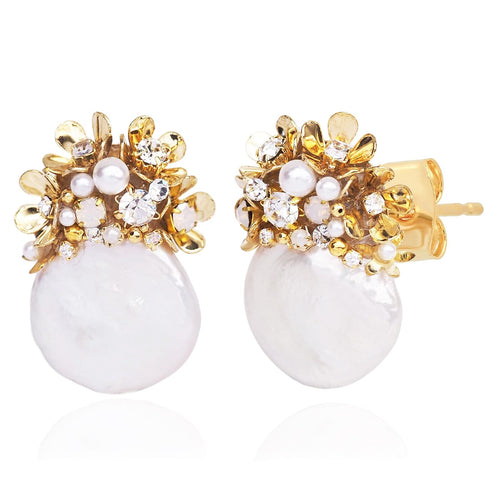 Statement Floral Cluster and Coin Pearl Post Earrings