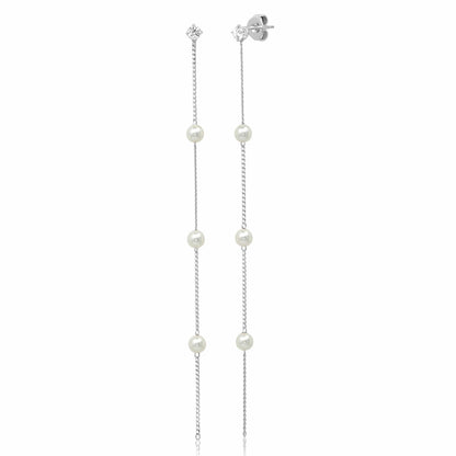 Sterling Silver Linear Dangle Earring With Fresh Water Pearl Stations