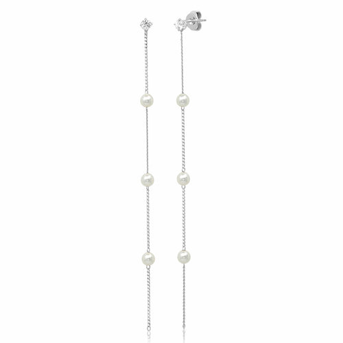 Sterling Silver Linear Dangle Earring With Fresh Water Pearl Stations