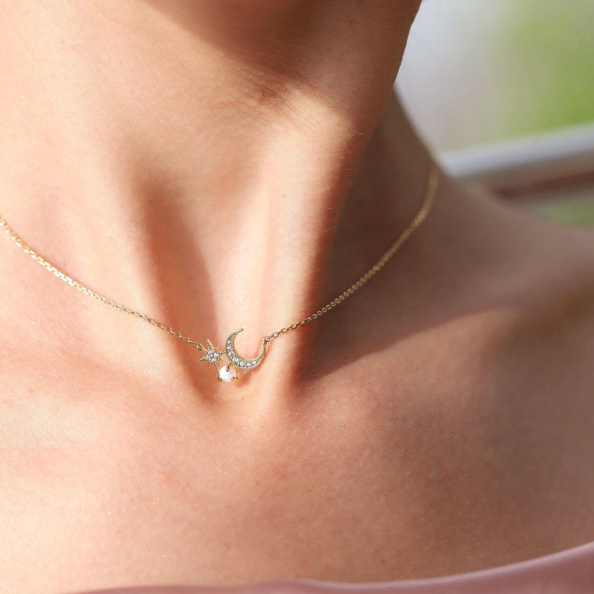 Crescent Moon and Starburst Pendant with Opal Accent