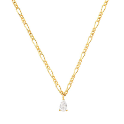 Gold Figaro Chain with Pear Shape CZ Pendant