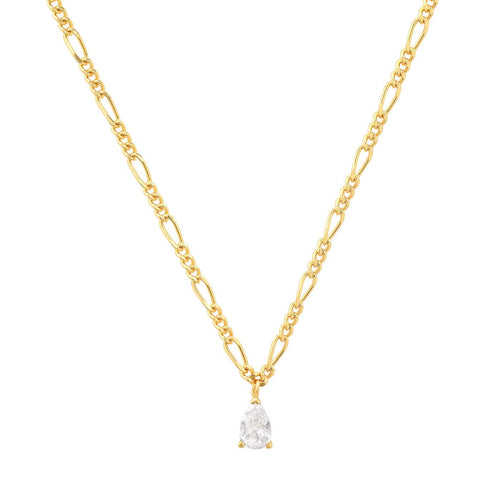 Gold Figaro Chain with Pear Shape CZ Pendant