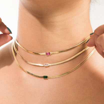 Gold Herringbone Necklace with Jewel Center