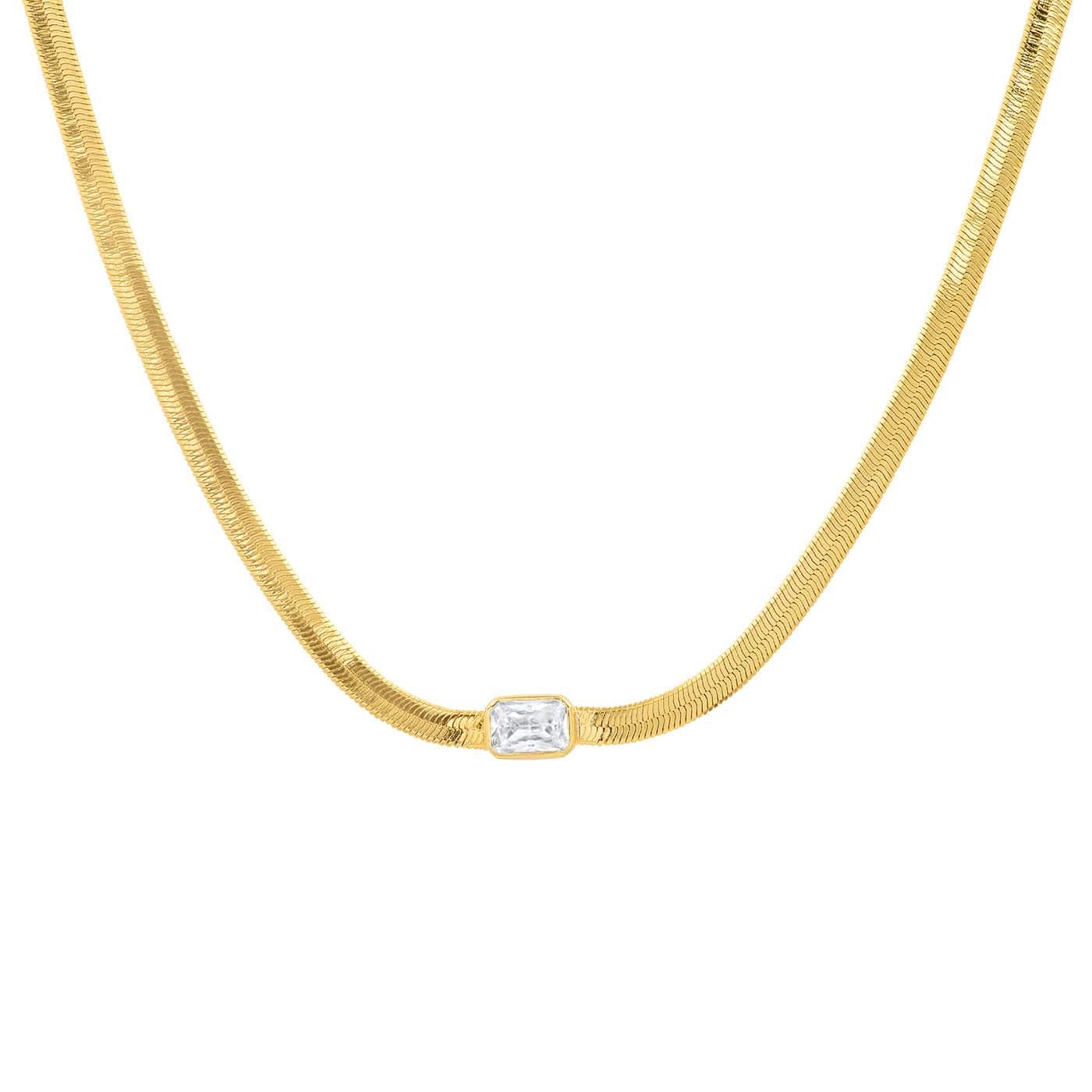 Gold Herringbone Necklace with Jewel Center