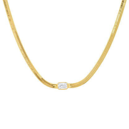 Gold Herringbone Necklace with Jewel Center
