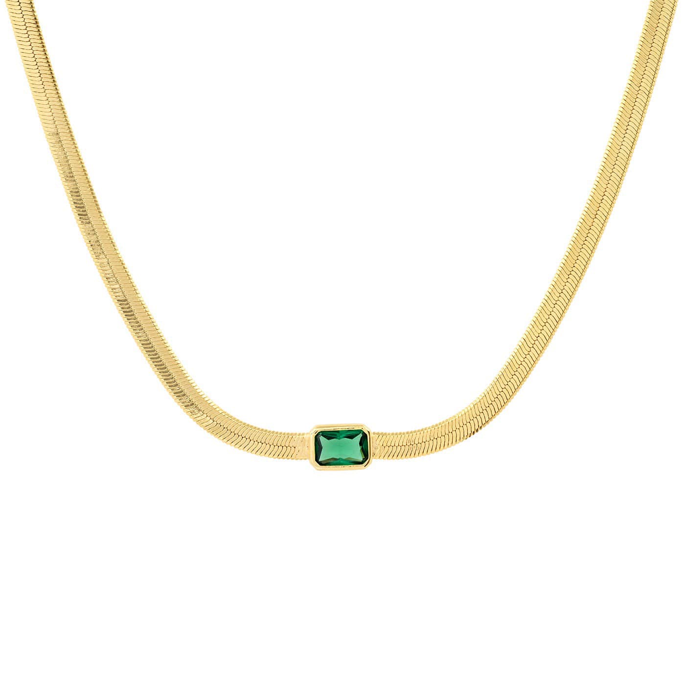 Gold Herringbone Necklace with Jewel Center