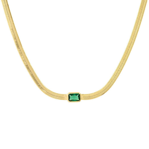 Gold Herringbone Necklace with Jewel Center