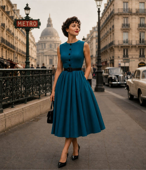 Teal Sleeveless Belted Swing Dress