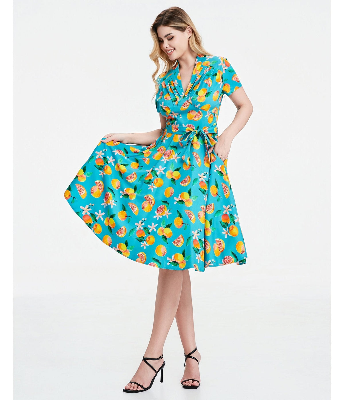 Turquoise Grapefruit Groove Rose Swing Dress