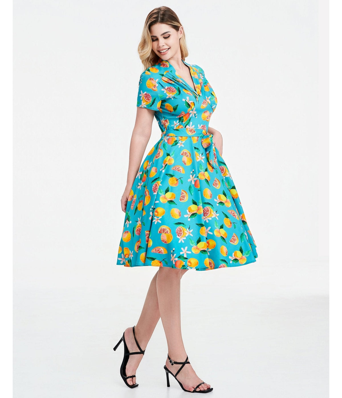 Turquoise Grapefruit Groove Rose Swing Dress